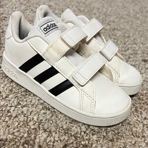 Adidas Kids White Sneakers with Black Stripes
